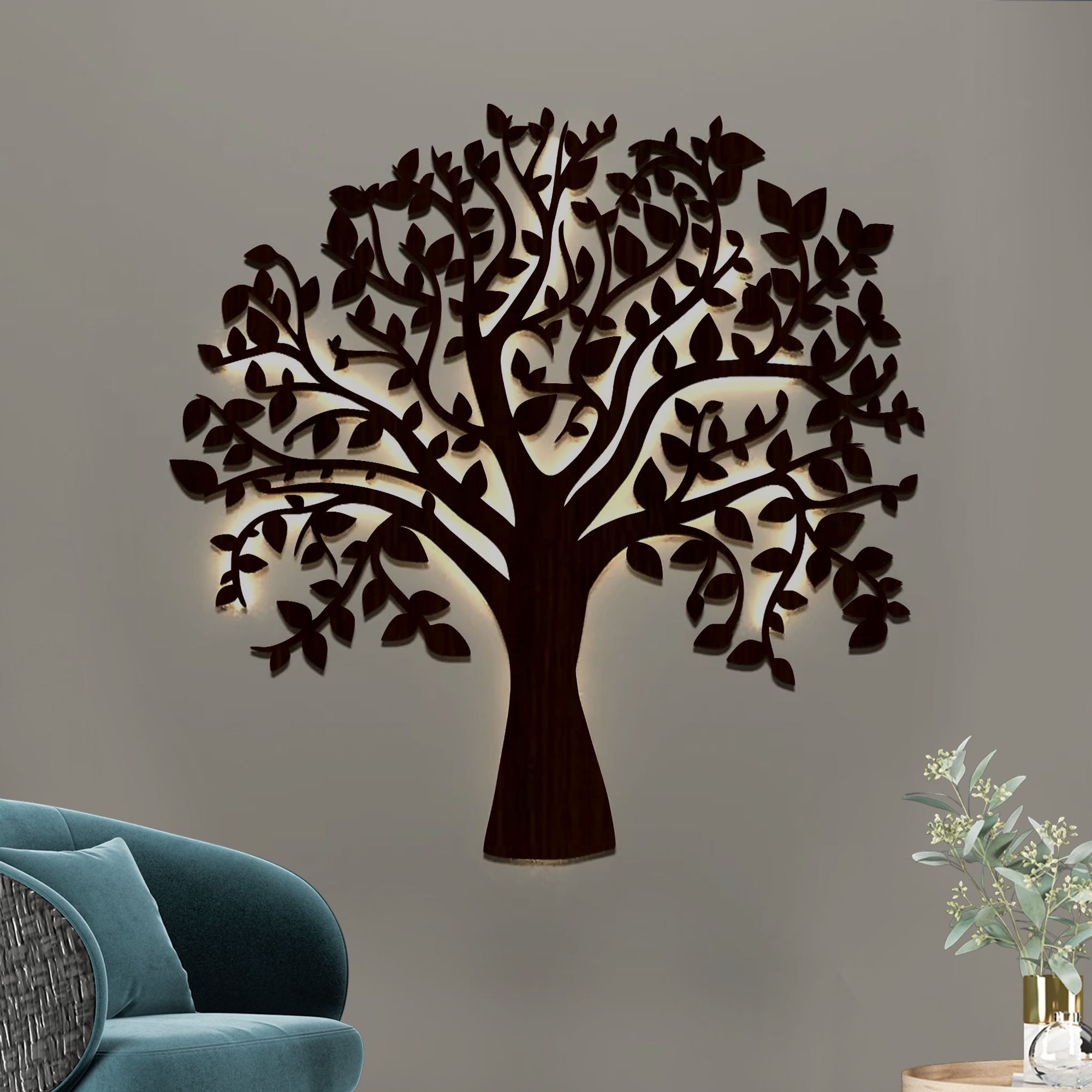 Glowing Tree Backlit Wooden Wall Art with LED Night Light Walnut Finish - Decor Smart