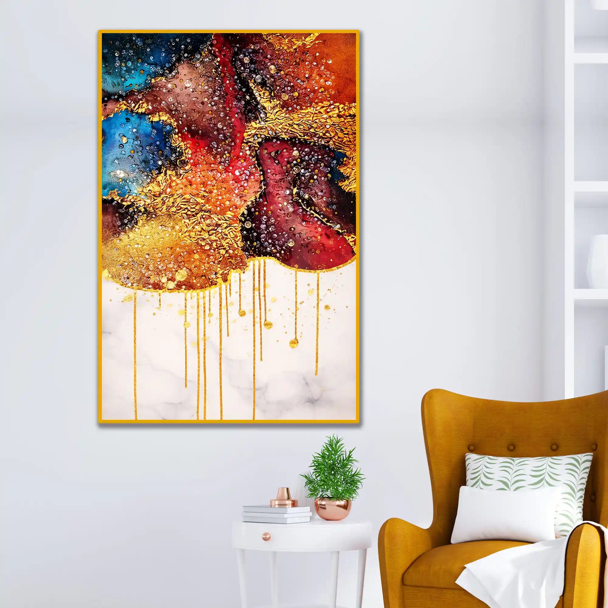 Gold Drip Abstract Art Floating Frame Crystal Wall Painting
