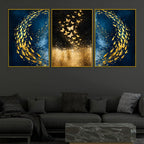 Gold Fish Swirl on Cosmic Ocean & Butterflies in Golden Stars Floating Frame Crystal Wall Painting Set of 3