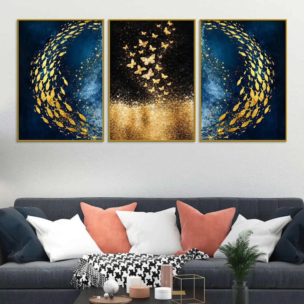 Gold Fish Swirl on Cosmic Ocean & Butterflies in Golden Stars Floating Frame Crystal Wall Painting Set of 3