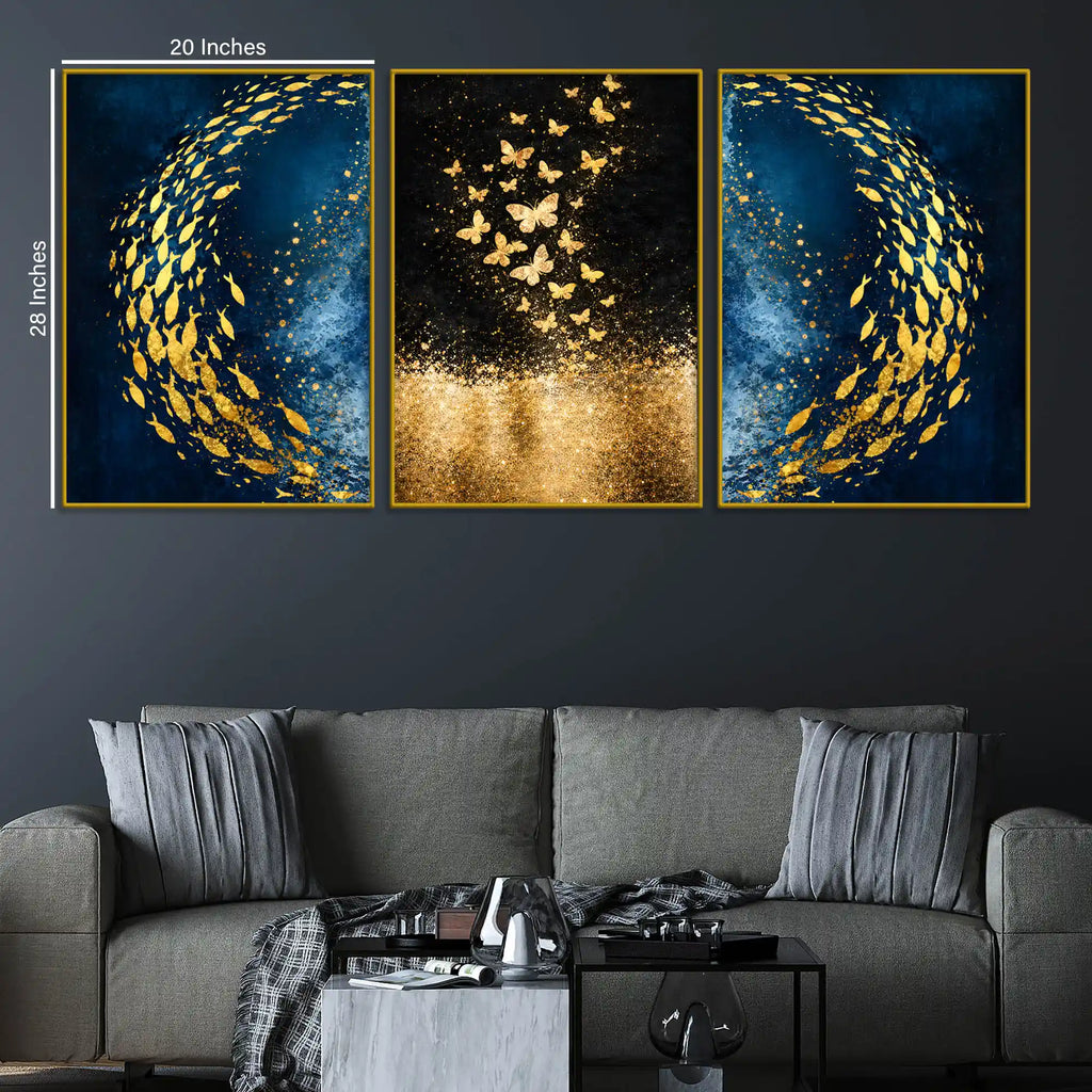 Gold Fish Swirl on Cosmic Ocean & Butterflies in Golden Stars Floating Frame Crystal Wall Painting Set of 3