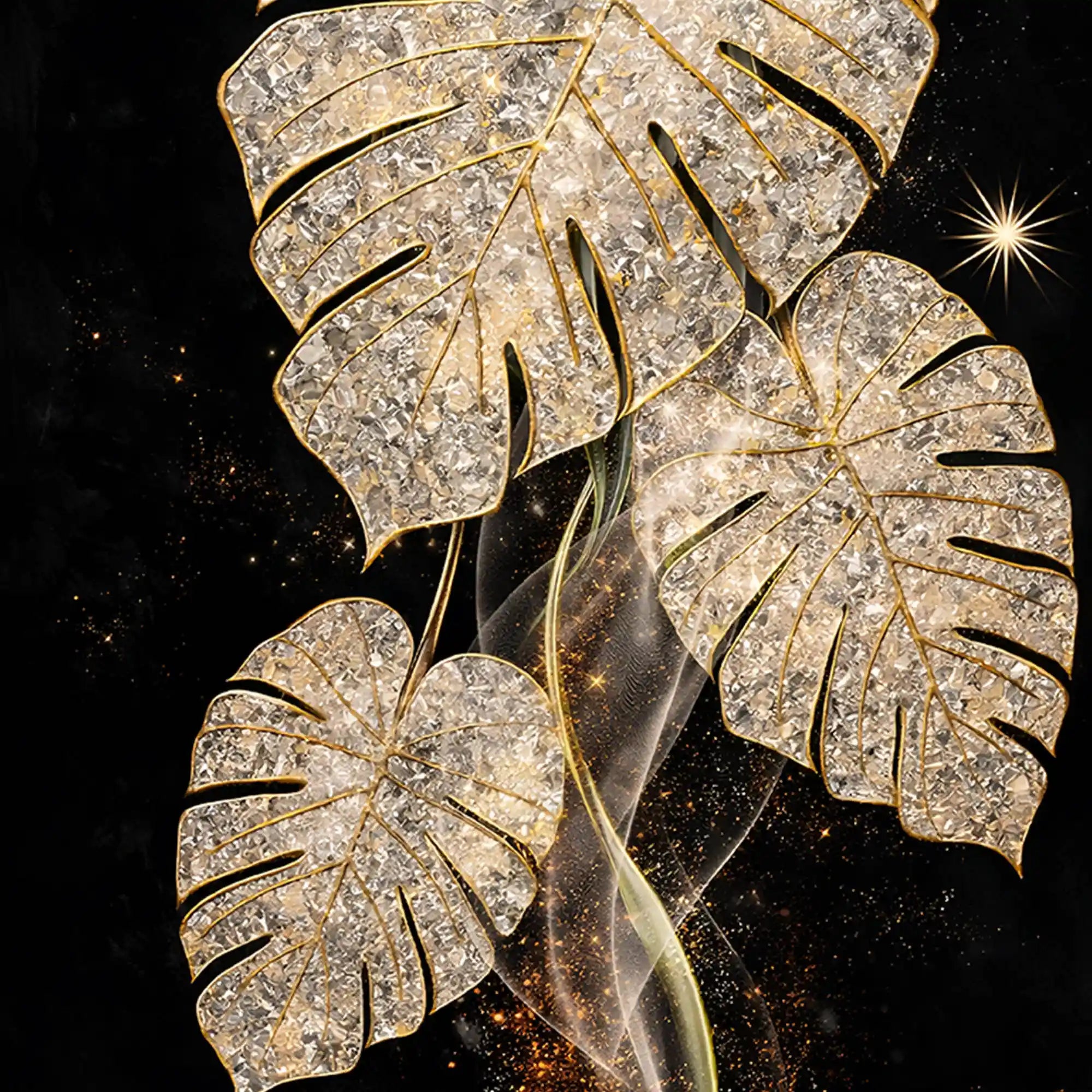 Gold Monstera Leaf Floating Frame Crystal Wall Painting
