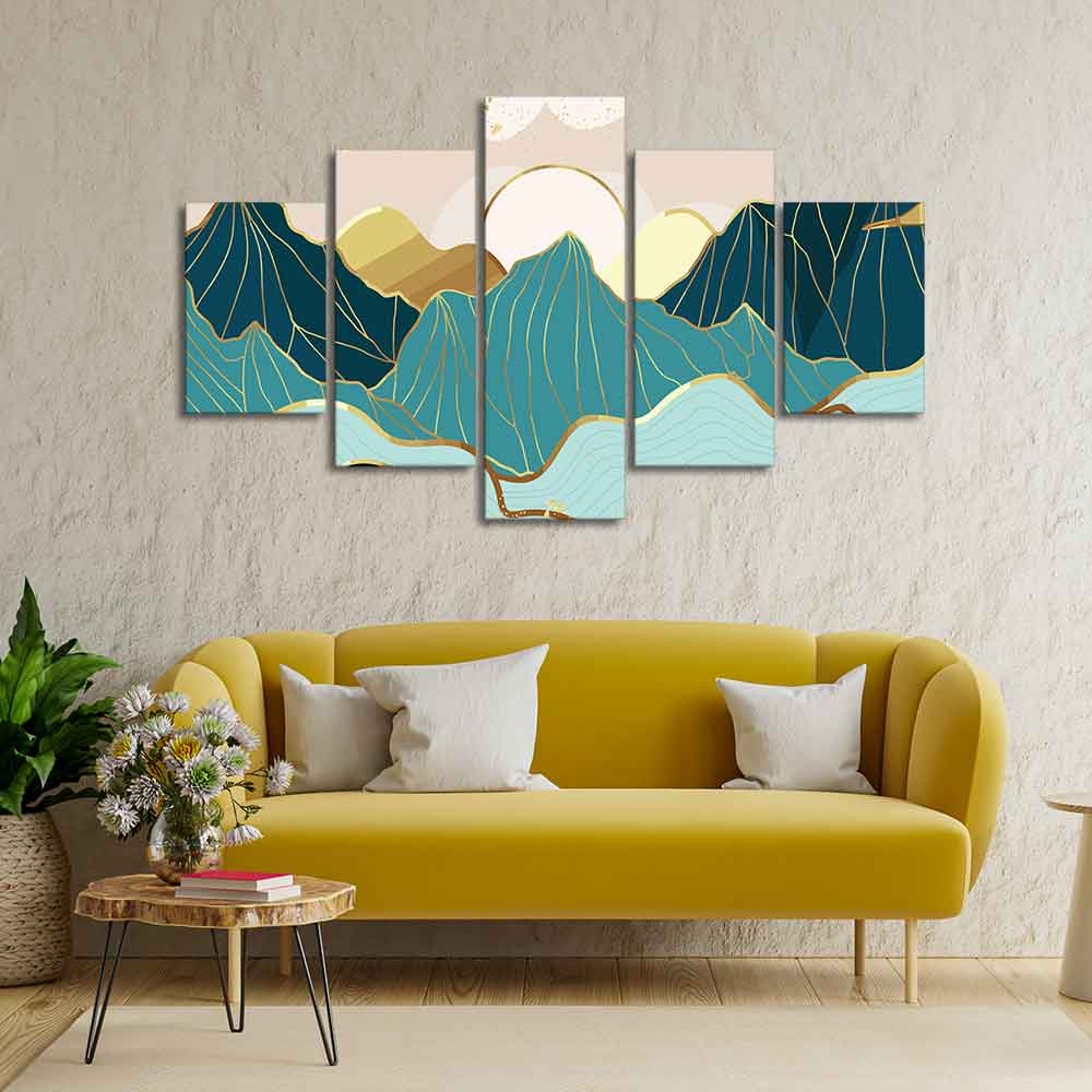 Gold Mountain Landscape Line art with Sunrise Background 5 Pieces Wall Painting - Decor Smart