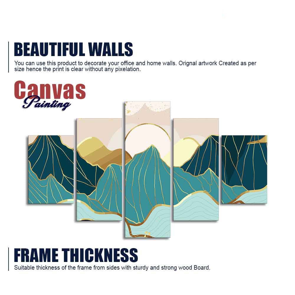 Gold Mountain Landscape Line art with Sunrise Background 5 Pieces Wall Painting - Decor Smart