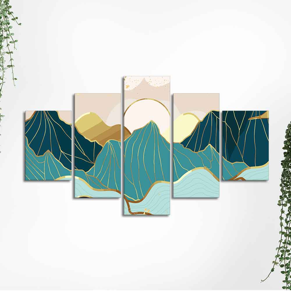 Gold Mountain Landscape Line art with Sunrise Background 5 Pieces Wall Painting - Decor Smart