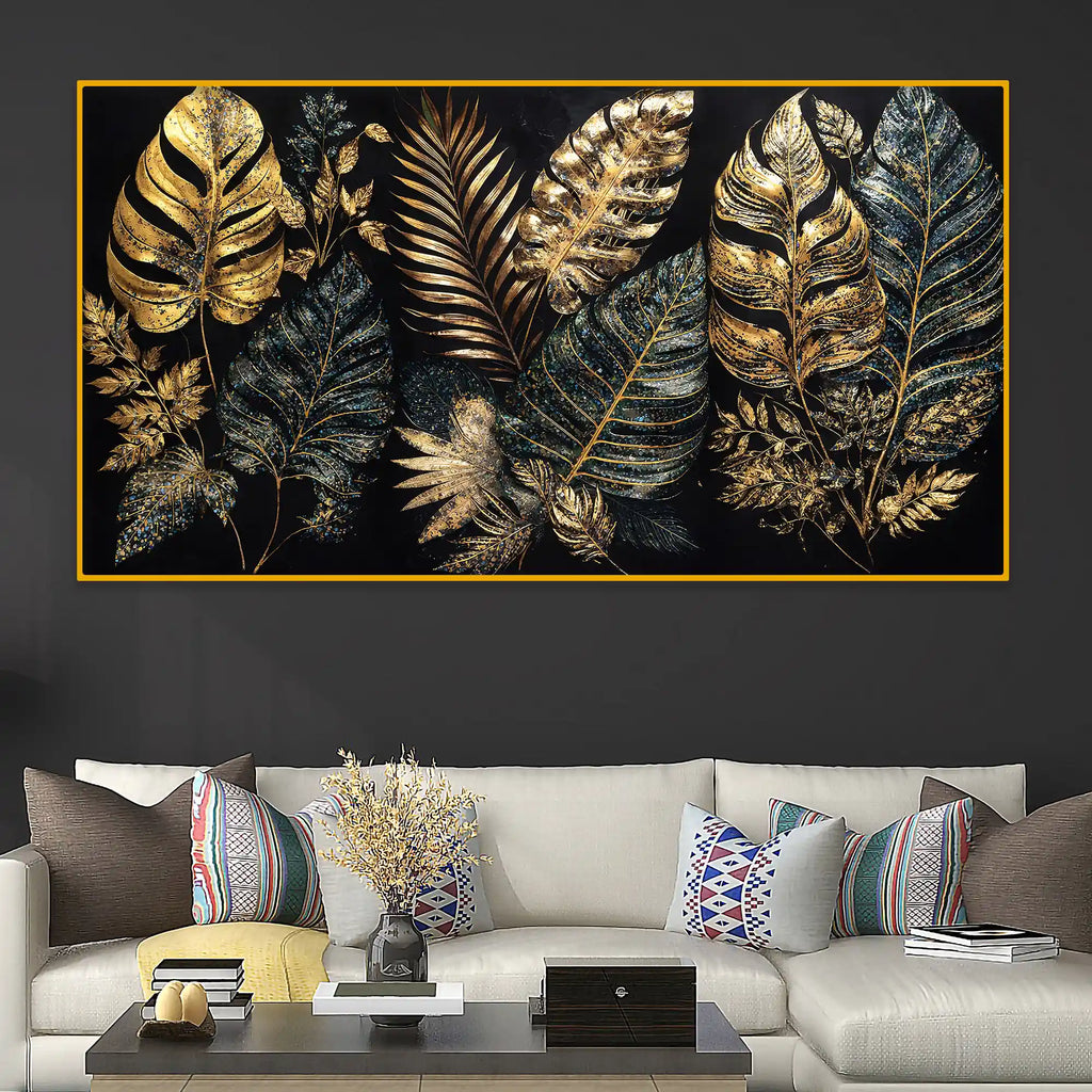 Gold Texture Leaf Crystal Glass Painting for Stylish Home Décor