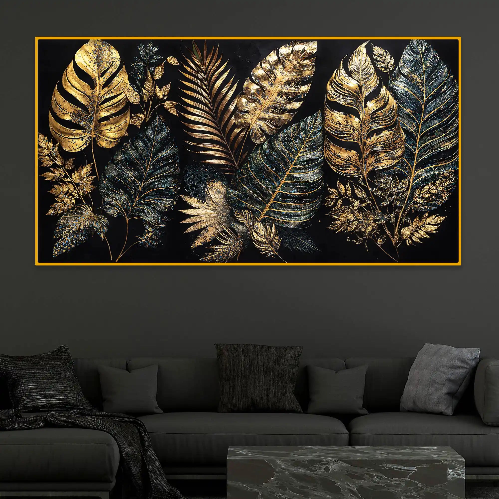 Gold Texture Leaf Crystal Glass Painting for Stylish Home Décor