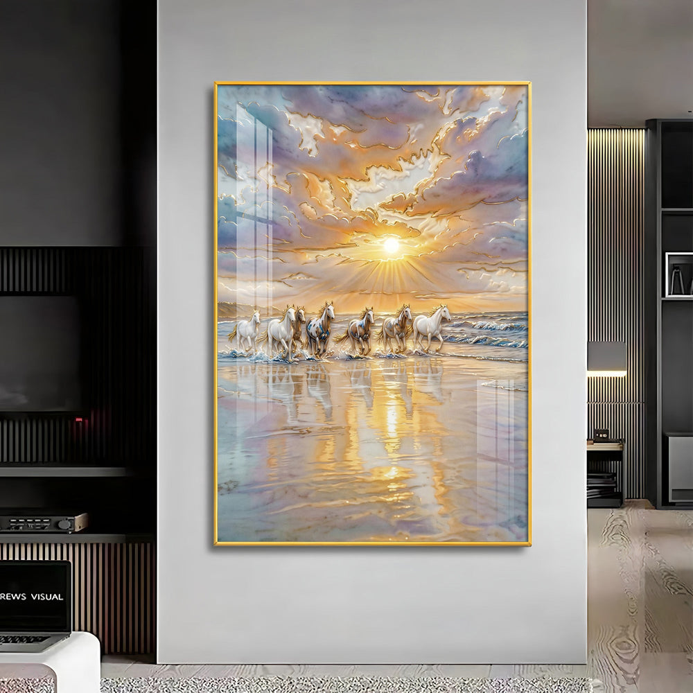 Depicting Seven White Horses Running Premium Acrylic Vertical Wall Art