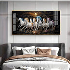 White Seven Running Vastu Lucky Horses Premium Acrylic Horizontal Wall Art