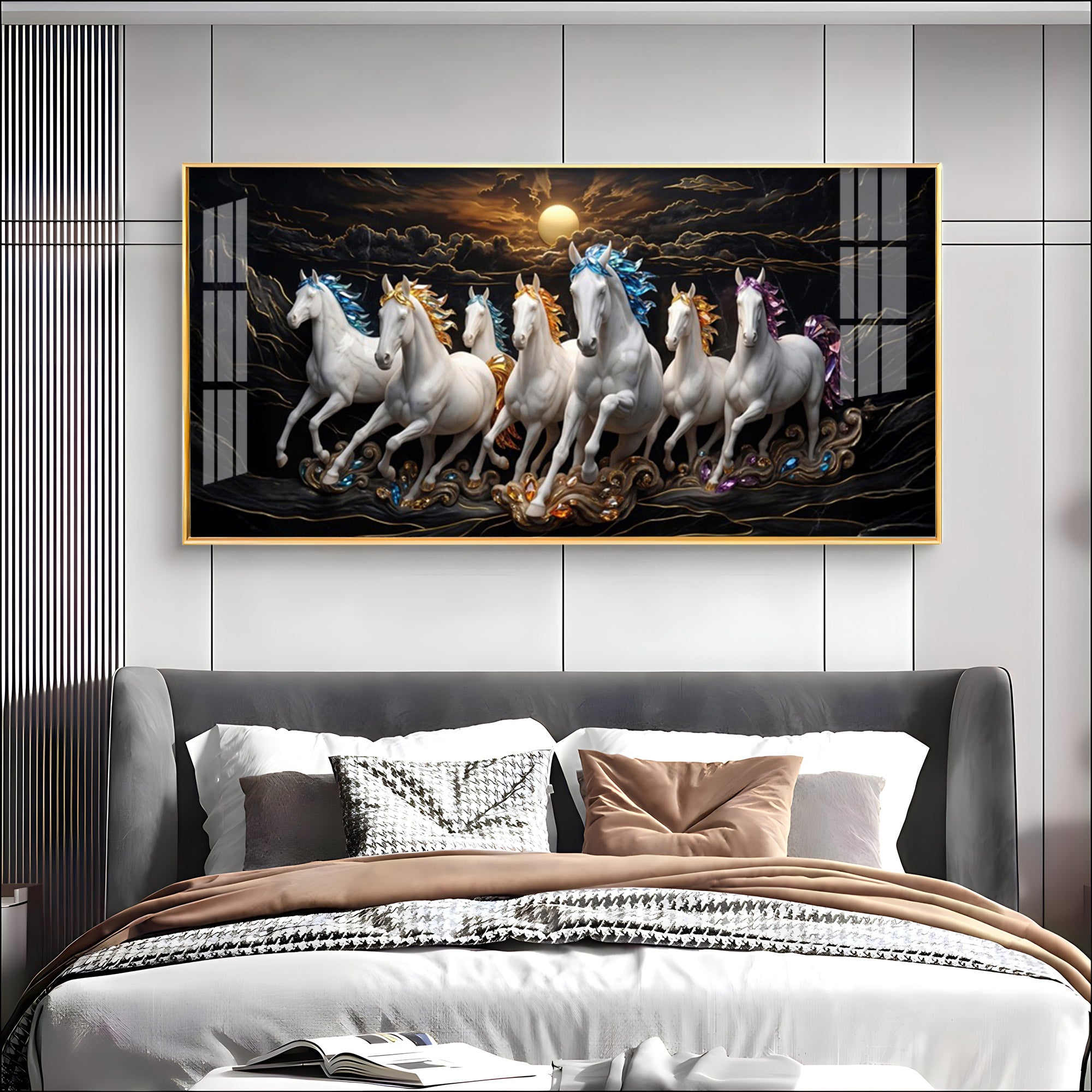 White Seven Running Vastu Lucky Horses Premium Acrylic Horizontal Wall Art