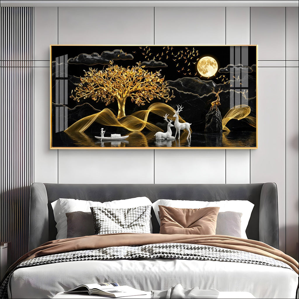 White Deer With Golden Tree Premium Acrylic Horizontal Wall Art