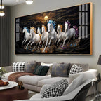 White Seven Running Vastu Lucky Horses Premium Acrylic Horizontal Wall Art