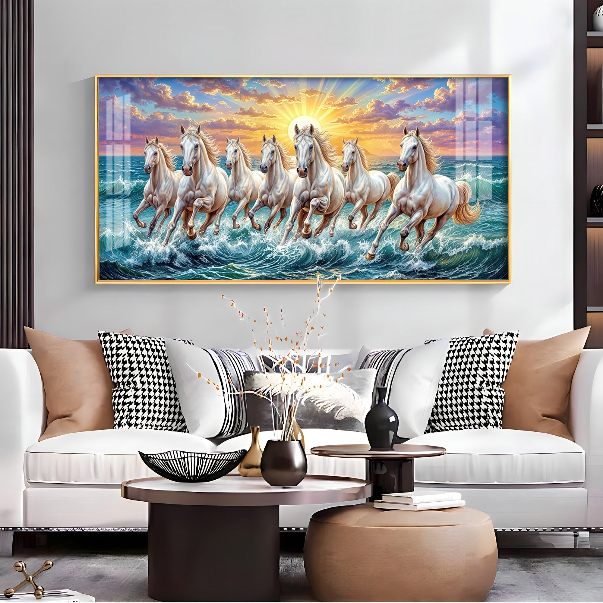 7 Running Horses Galloping Across Water Premium Acrylic Horizontal Wall Art