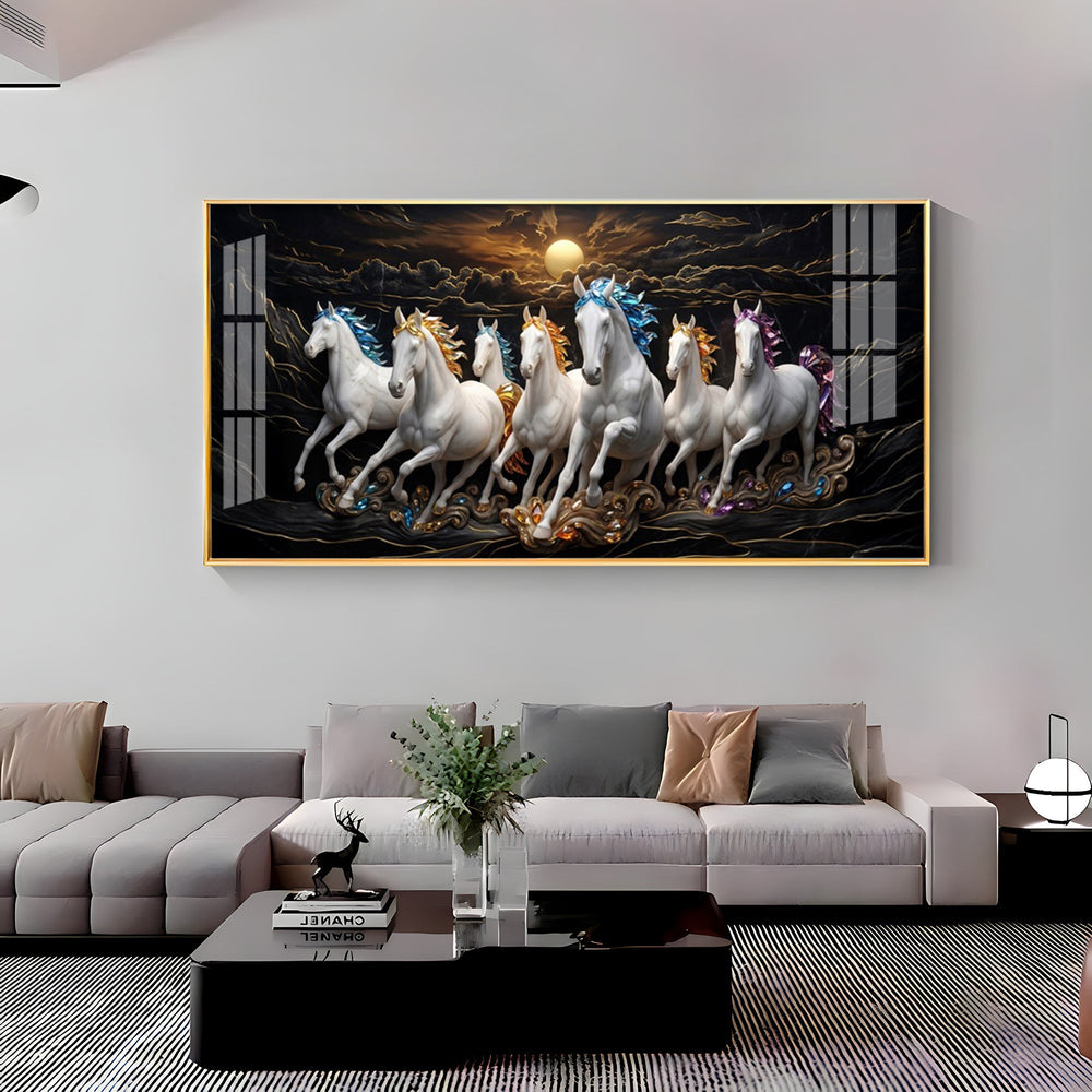 White Seven Running Vastu Lucky Horses Premium Acrylic Horizontal Wall Art