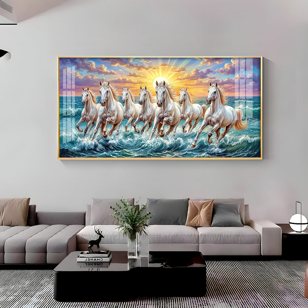 7 Running Horses Galloping Across Water Premium Acrylic Horizontal Wall Art