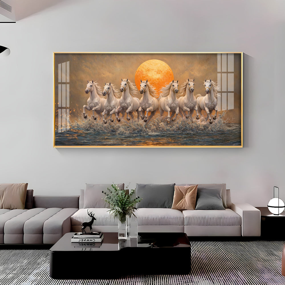 Majestic White Horses With Warm Sun Premium Acrylic Horizontal Wall Art