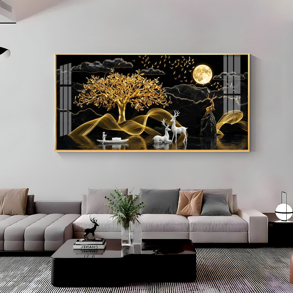 White Deer With Golden Tree Premium Acrylic Horizontal Wall Art