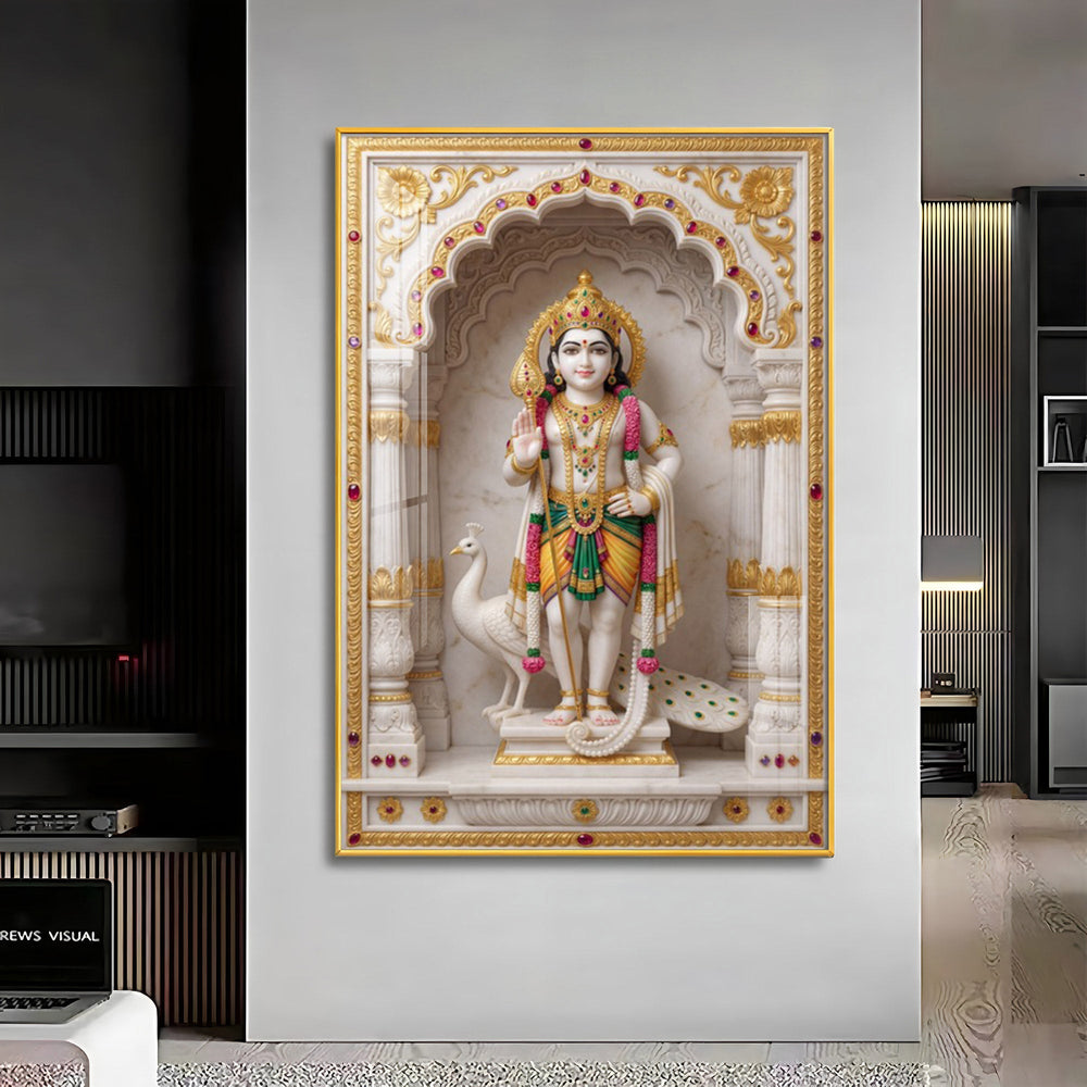 Lord Murugan With White Peacock Premium Acrylic Vertical Wall Art