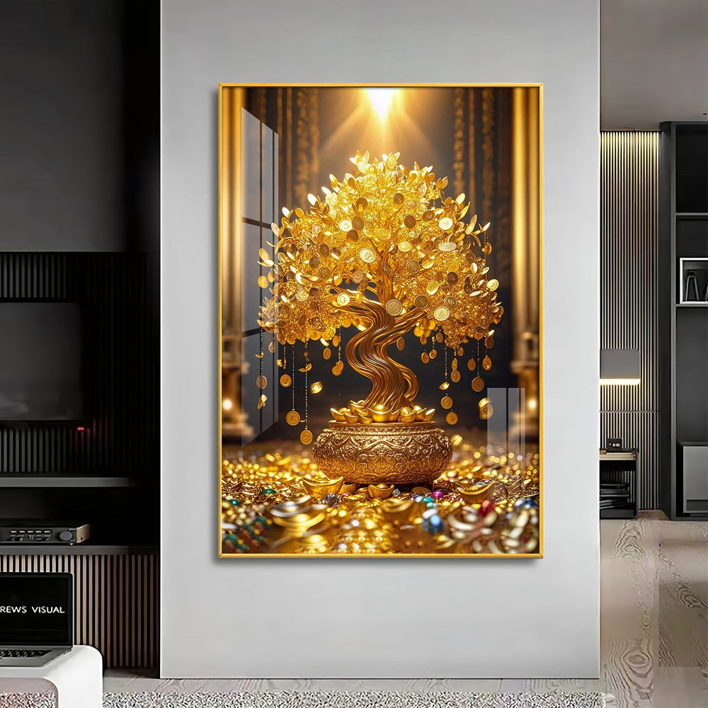 Golden Money Tree Premium Acrylic Vertical Wall Art