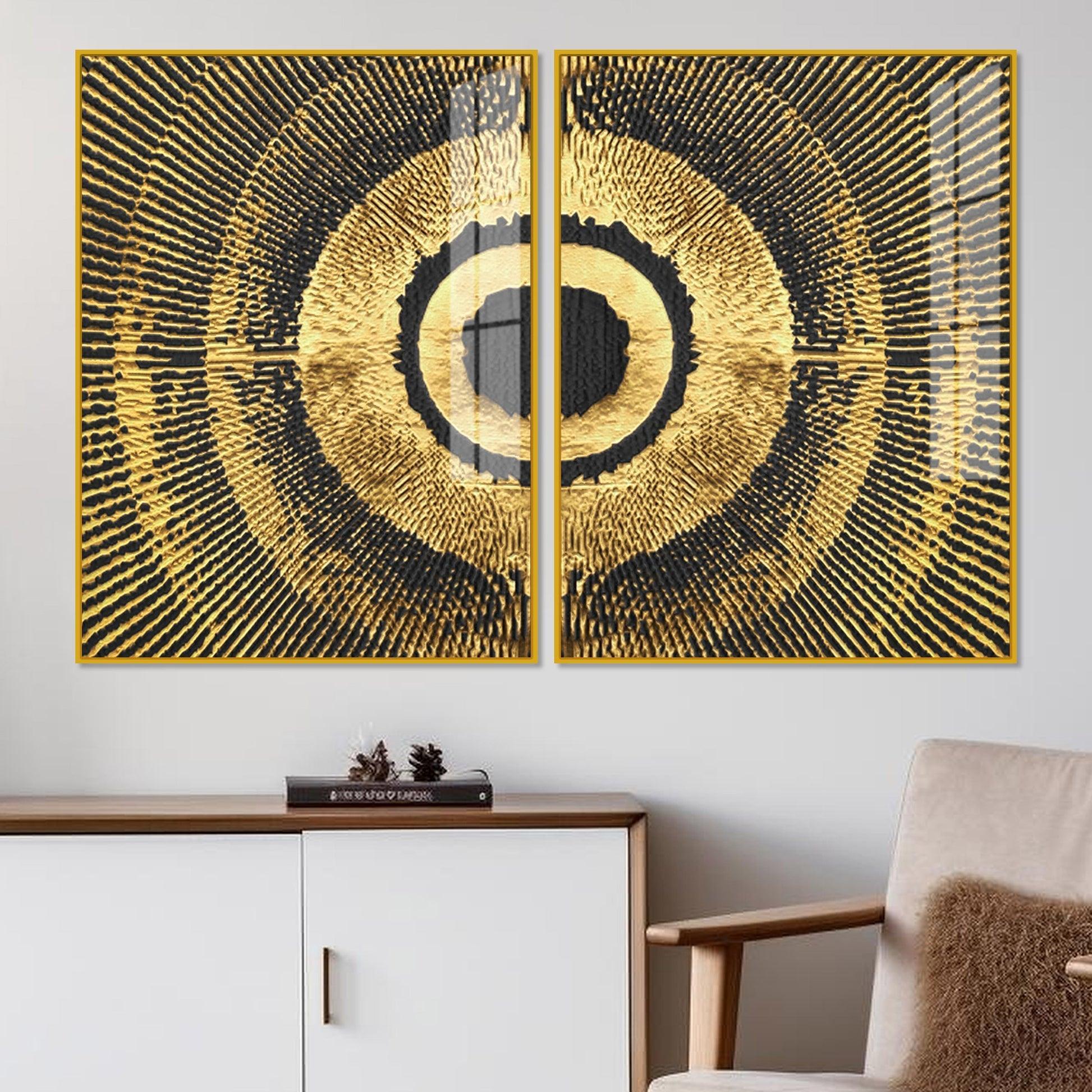 Golden 3D Pattern Acrylic Floating Wall Painting Set of 2 - Decor Smart