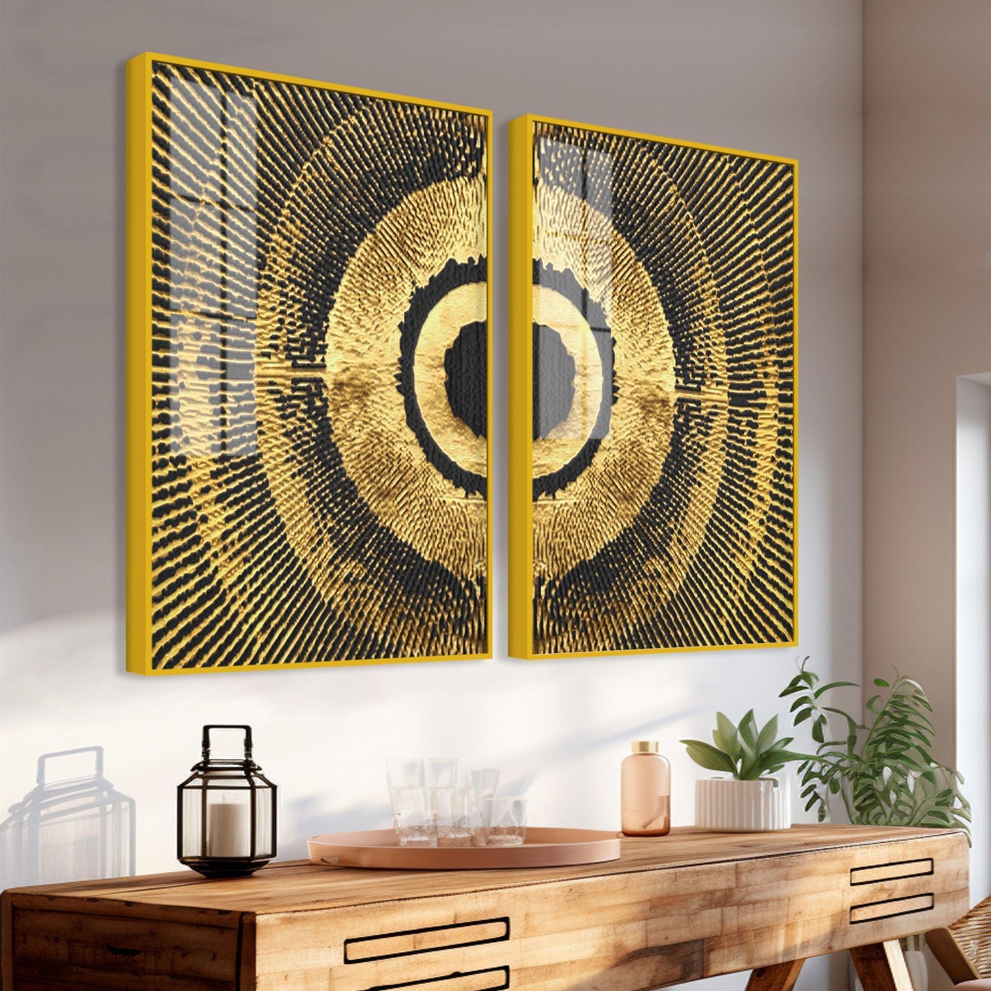 Golden 3D Pattern Acrylic Floating Wall Painting Set of 2 - Decor Smart