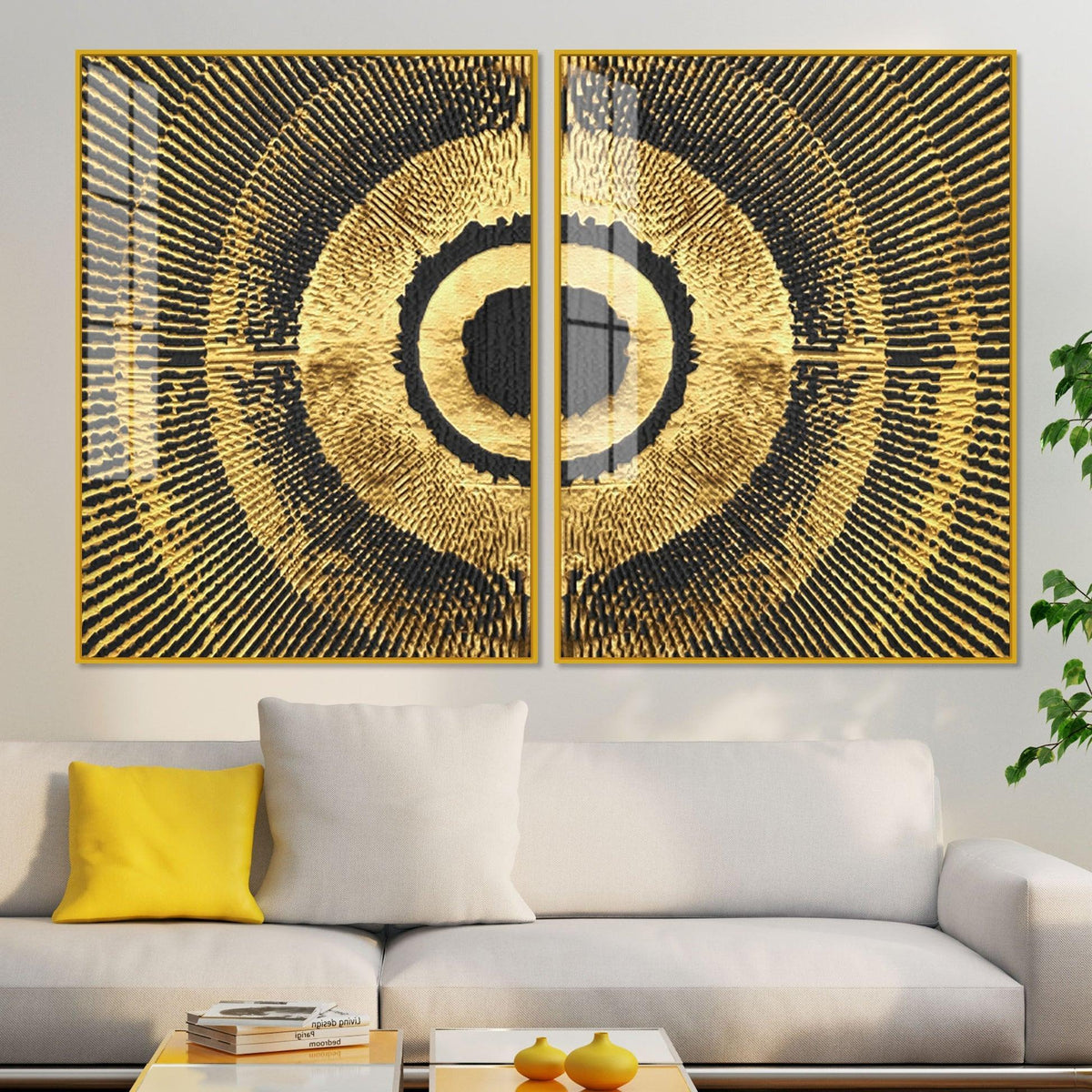 Golden 3D Pattern Acrylic Floating Wall Painting Set of 2 - Decor Smart