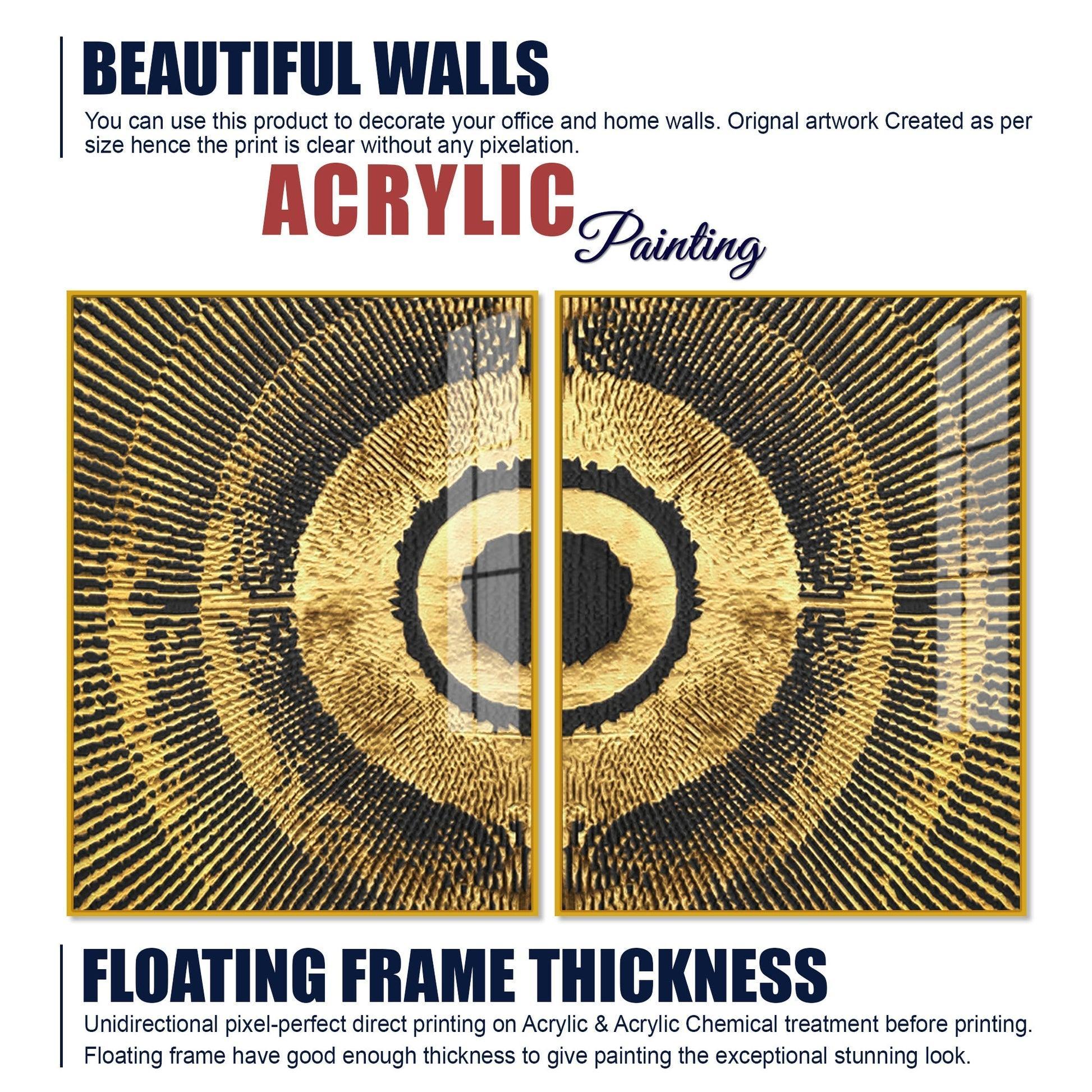 Golden 3D Pattern Acrylic Floating Wall Painting Set of 2 - Decor Smart