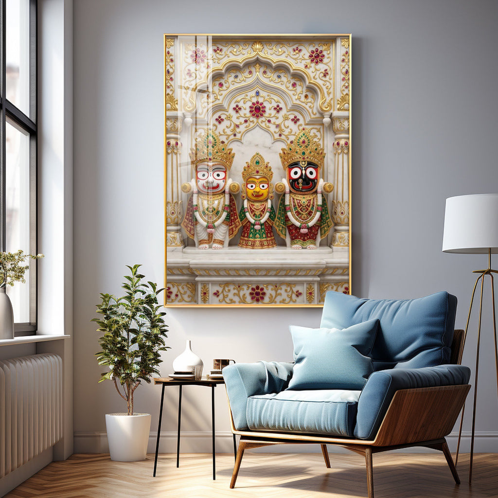 Divine Jagannath, Balabhadra and Subhadra Premium Acrylic Vertical Wall Art