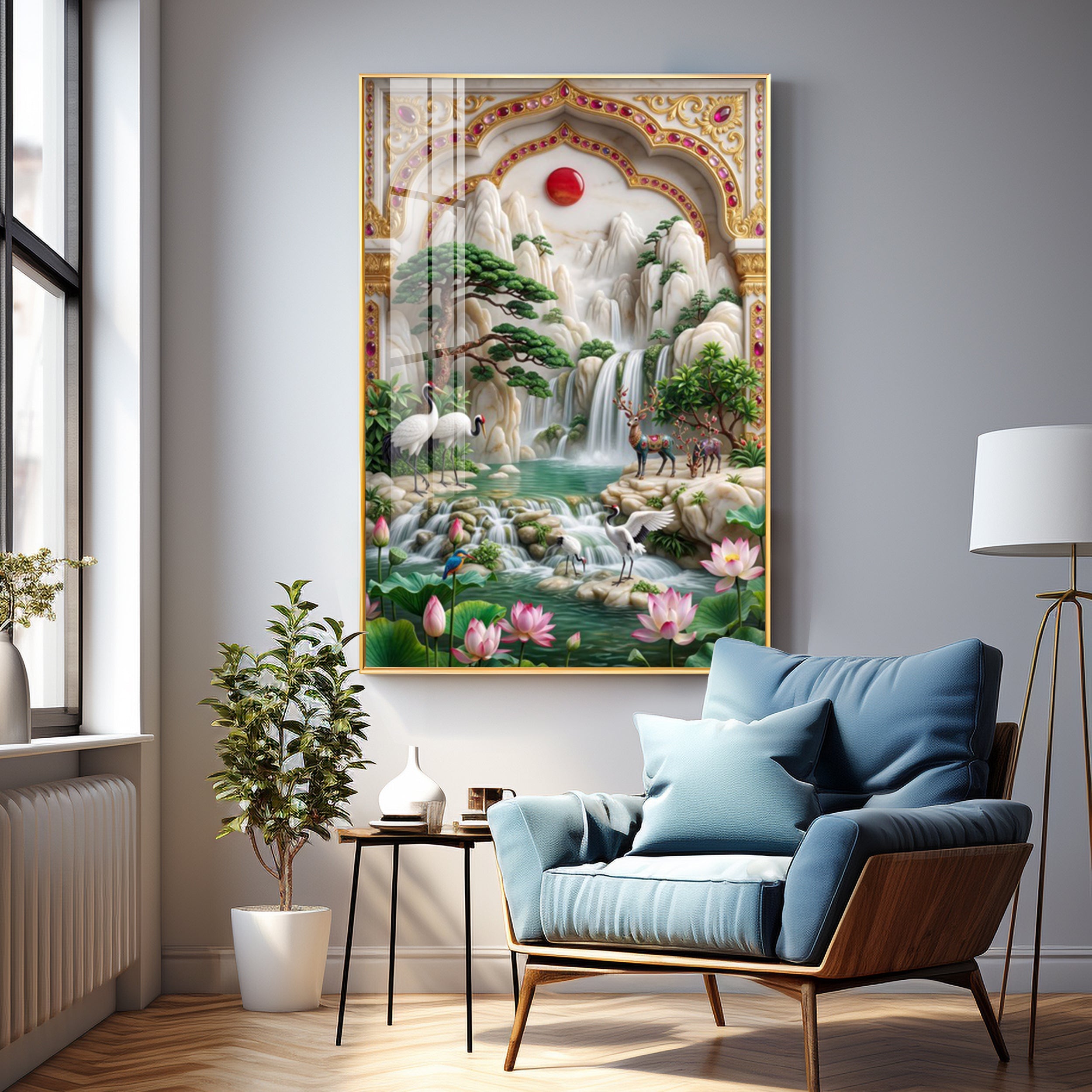 Sunrise Mountains Waterfall Premium Acrylic Vertical Wall Art