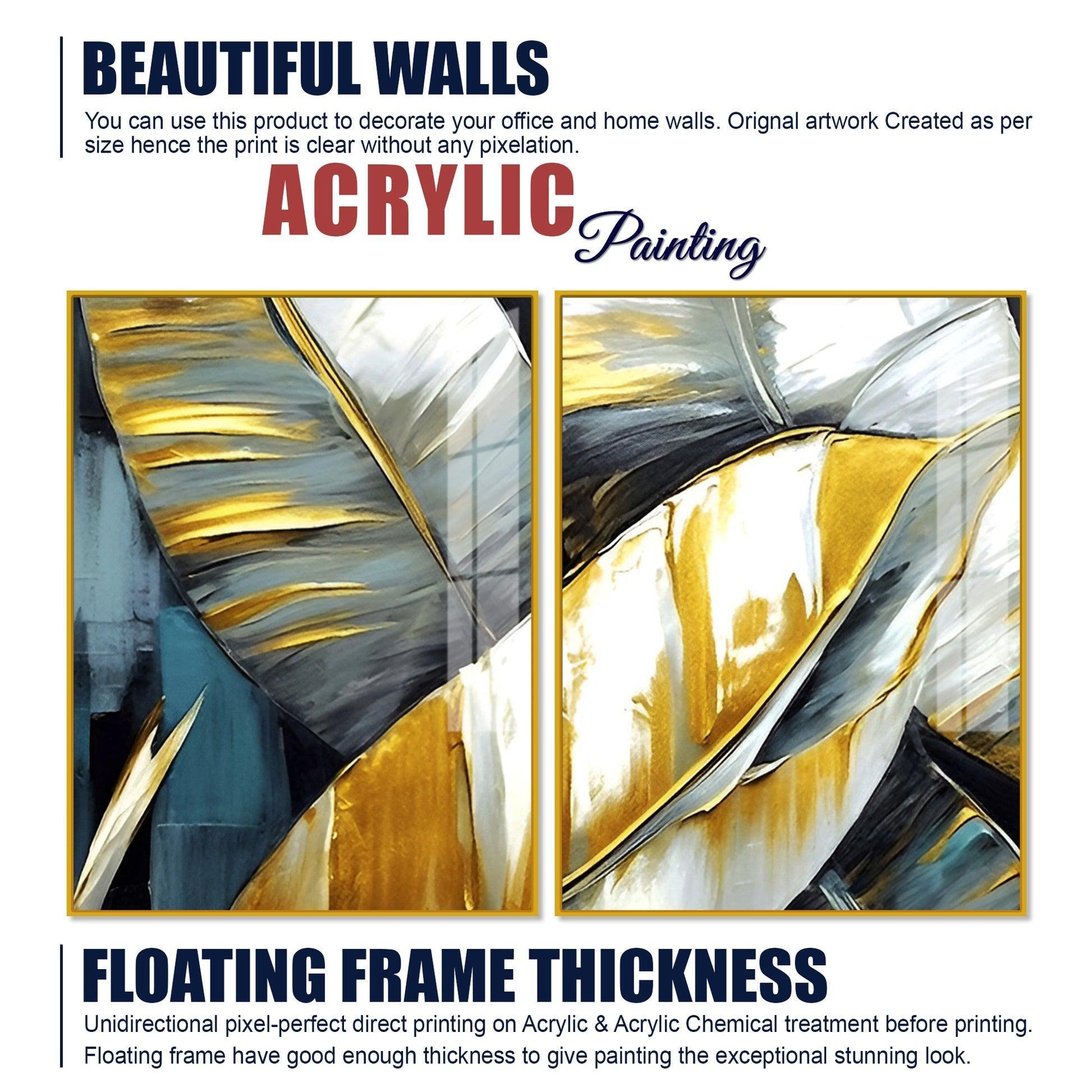 Golden Abstract Art Acrylic Floating Wall Painting Set of 2 - Decor Smart