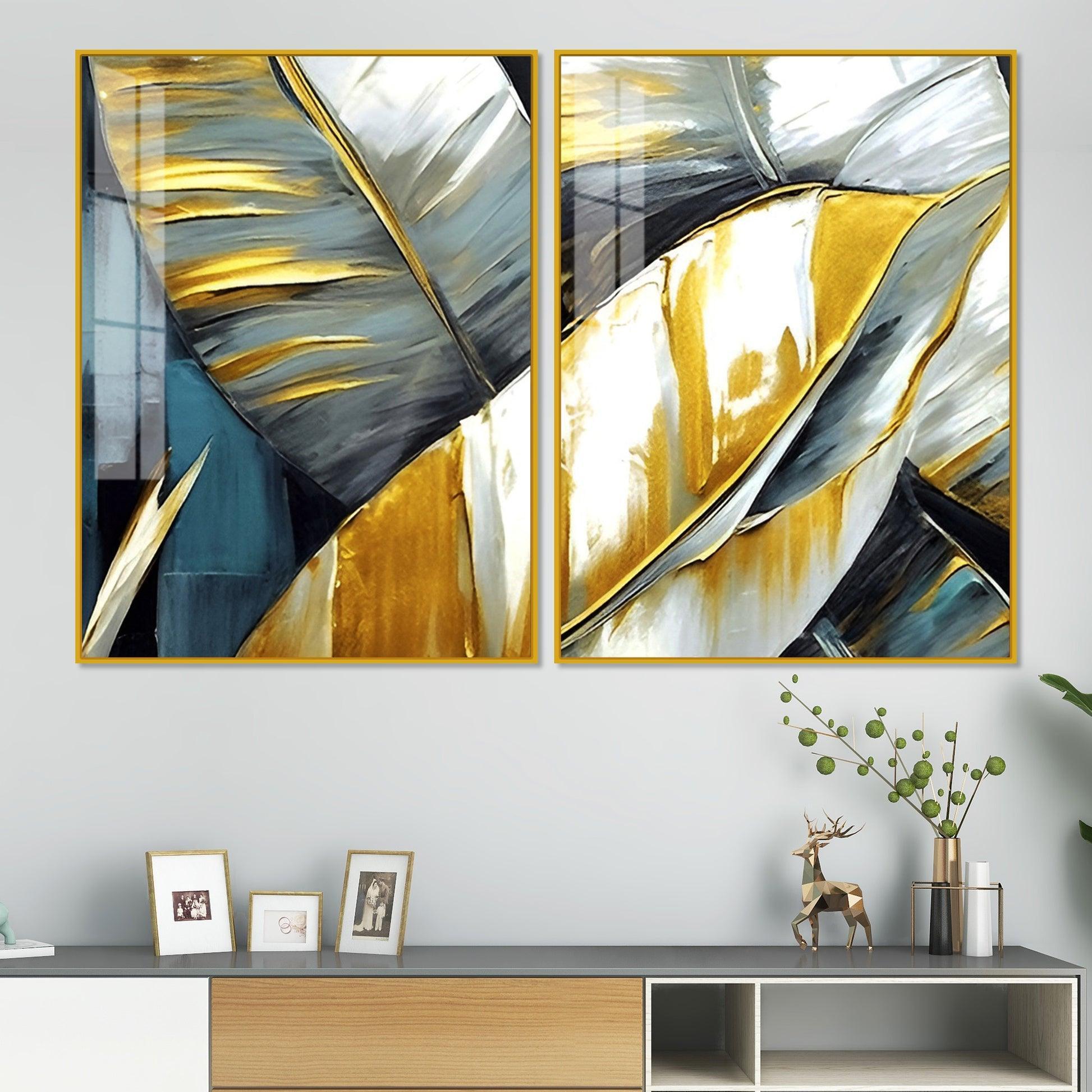 Golden Abstract Art Acrylic Floating Wall Painting Set of 2 - Decor Smart