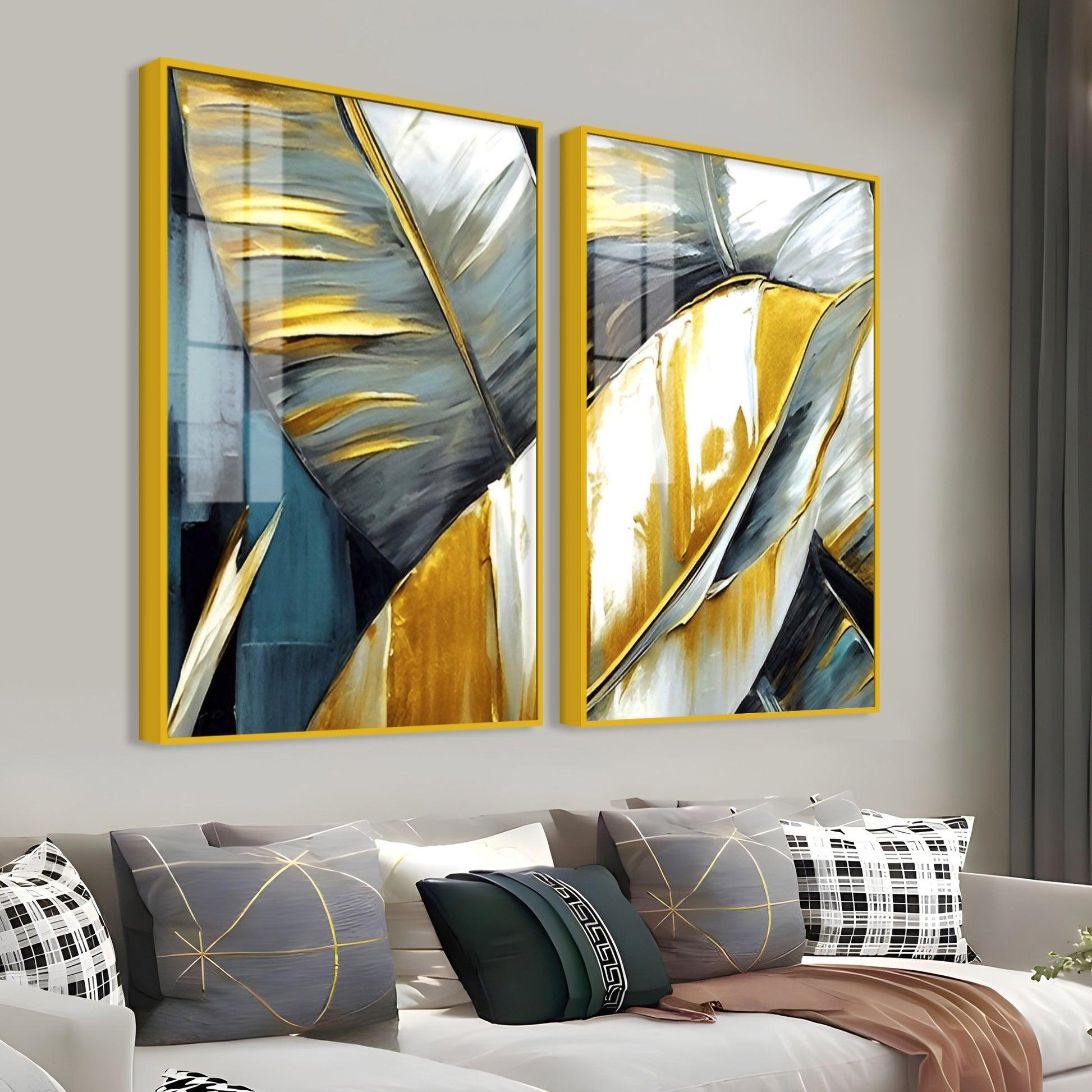Golden Abstract Art Acrylic Floating Wall Painting Set of 2 - Decor Smart
