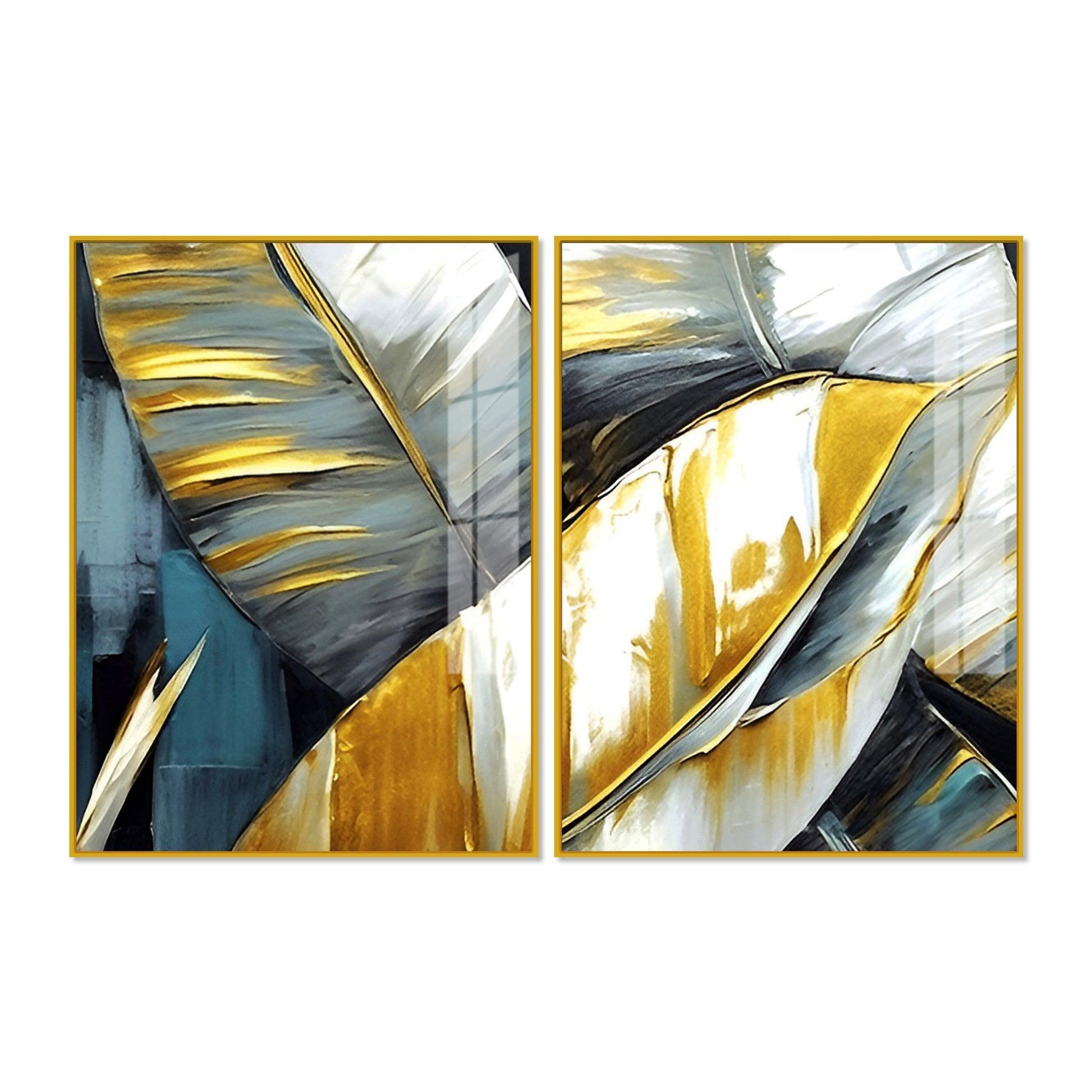 Golden Abstract Art Acrylic Floating Wall Painting Set of 2 - Decor Smart