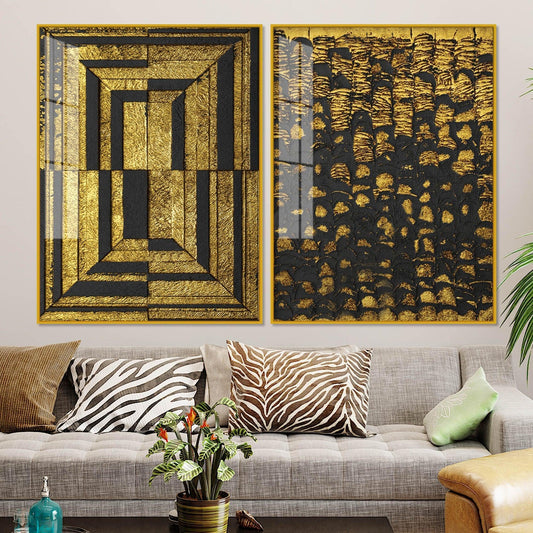 Golden Abstract Artistic Shapes Art Acrylic Floating Wall Painting Set Of 2 - Decor Smart