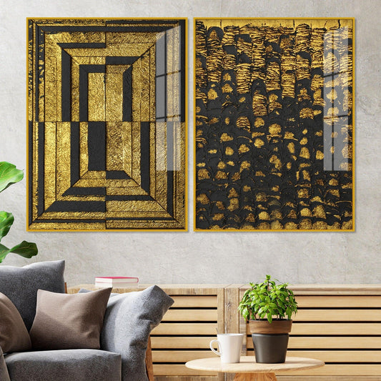 Golden Abstract Artistic Shapes Art Acrylic Floating Wall Painting Set Of 2 - Decor Smart