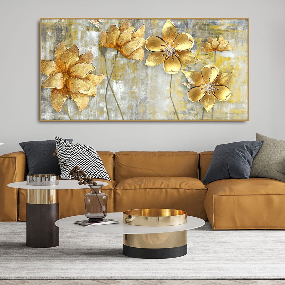 Golden Abstract Flowers Premium Wall Painting - Decor Smart