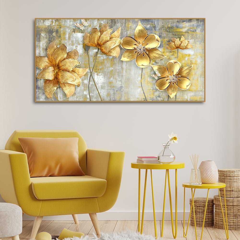 Golden Abstract Flowers Premium Wall Painting - Decor Smart