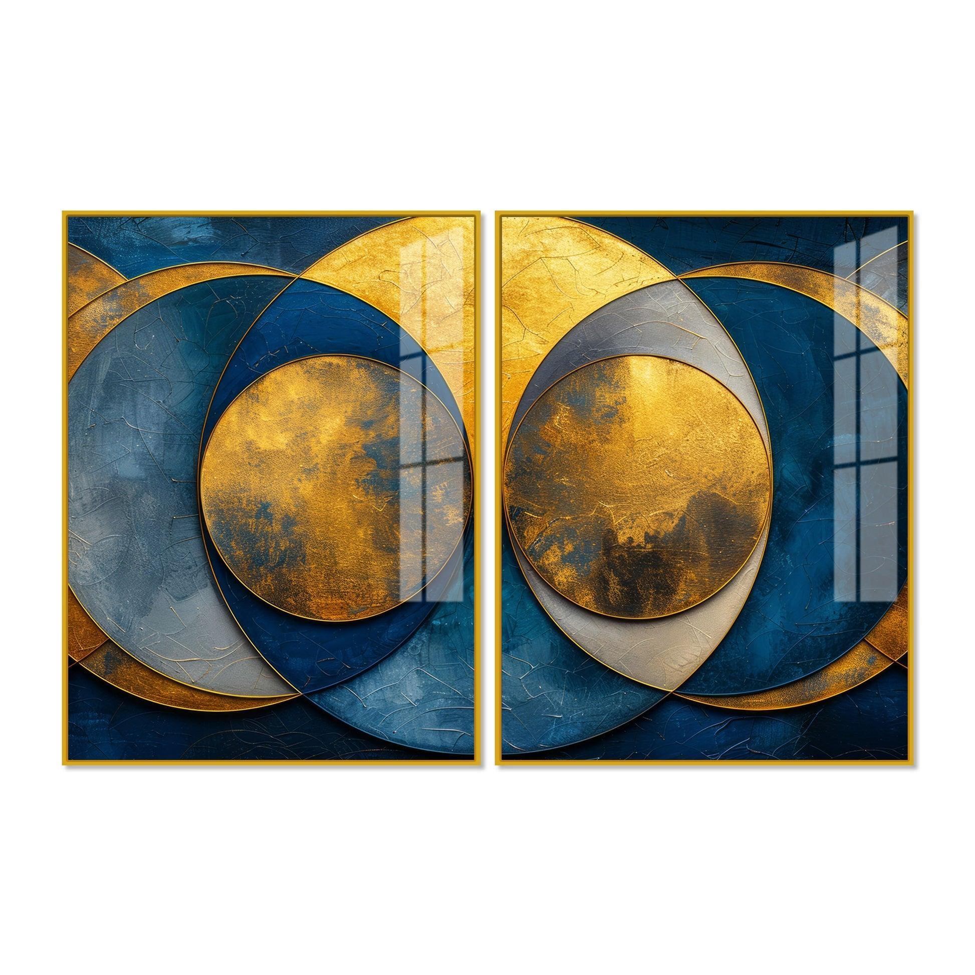 Golden Abstract Modern Circle Acrylic Floating Wall Painting Set of Two Pieces - Decor Smart
