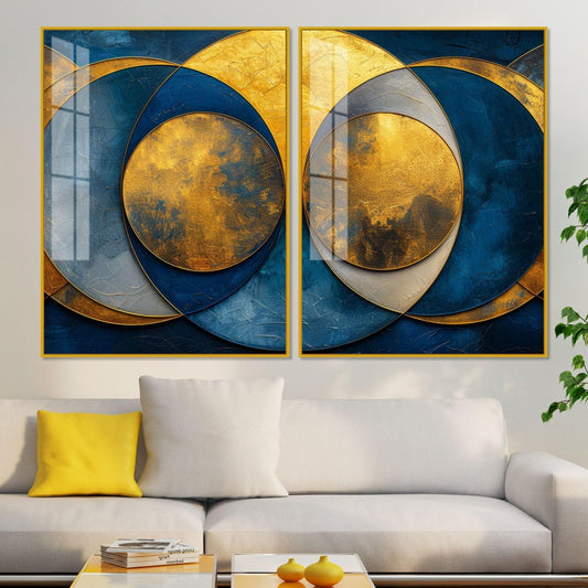 Golden Abstract Modern Circle Acrylic Floating Wall Painting Set of Two Pieces - Decor Smart