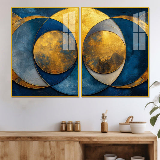 Golden Abstract Modern Circle Acrylic Floating Wall Painting Set of Two Pieces - Decor Smart