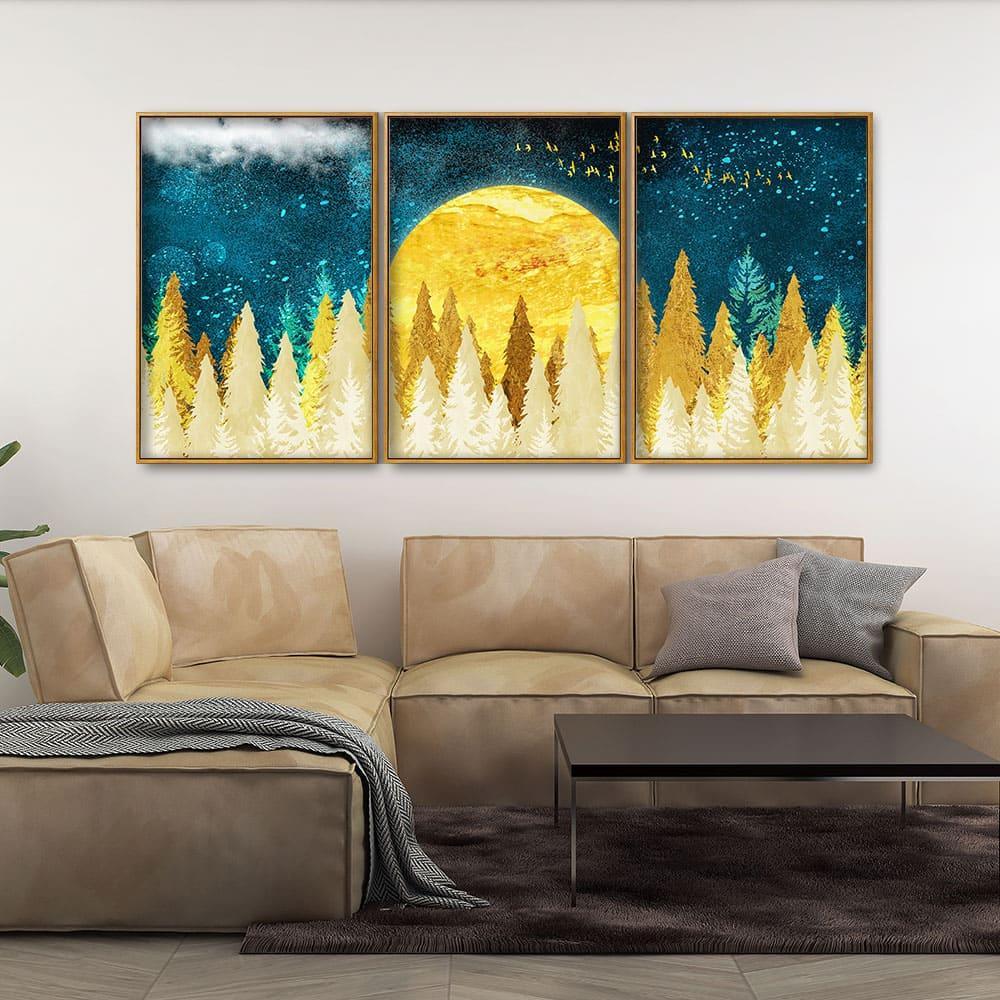 Golden Abstract Tree Premium Canvas Floating Canvas Wall Painting Set of Three - Decor Smart
