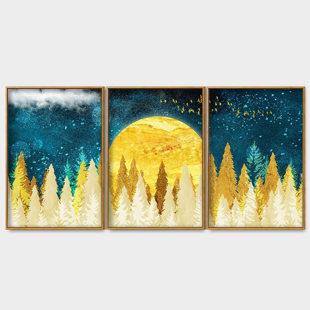 Golden Abstract Tree Premium Canvas Floating Canvas Wall Painting Set of Three - Decor Smart