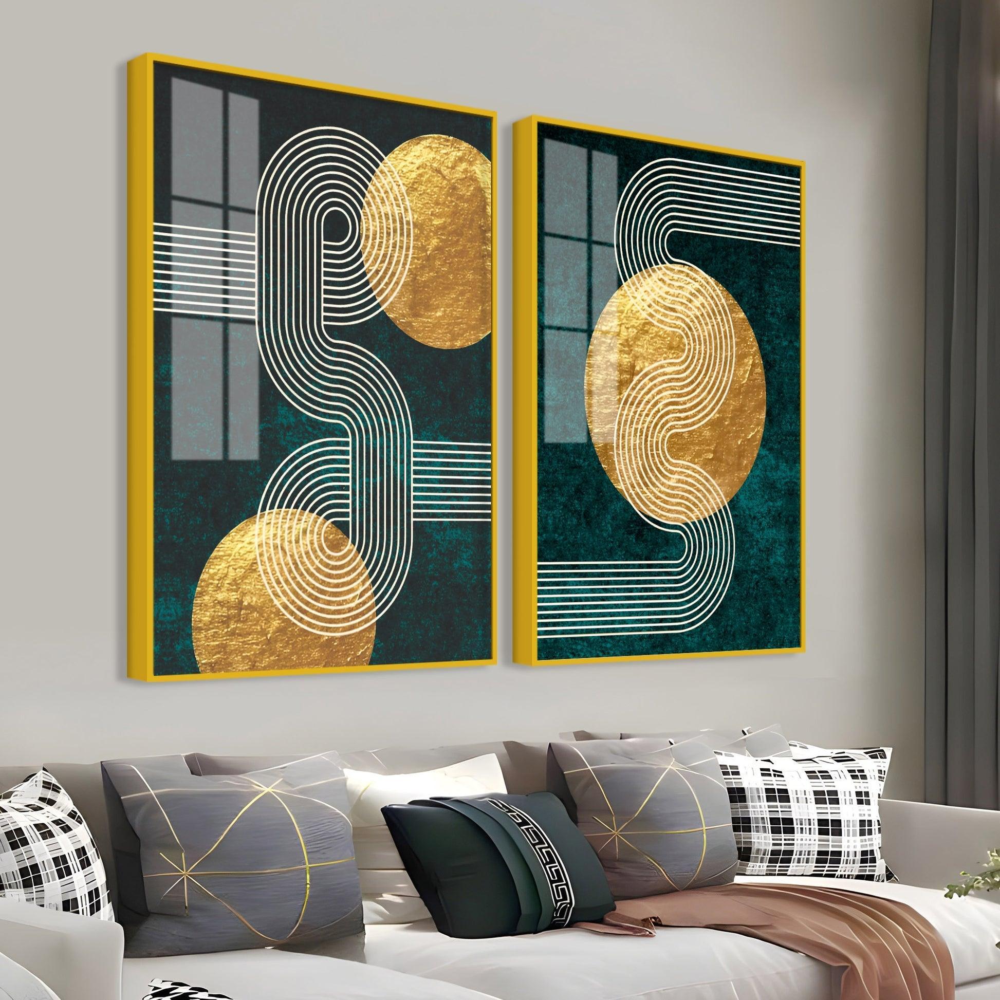 Golden Birds Flying Floating Acrylic Wall Painting Set of 2 - Decor Smart