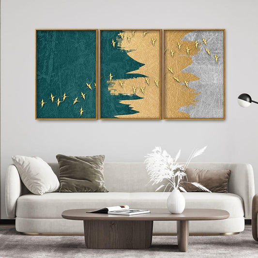 Golden Birds Flying Luxurious Art Premium Floating Canvas Wall Painting Set of Three - Decor Smart