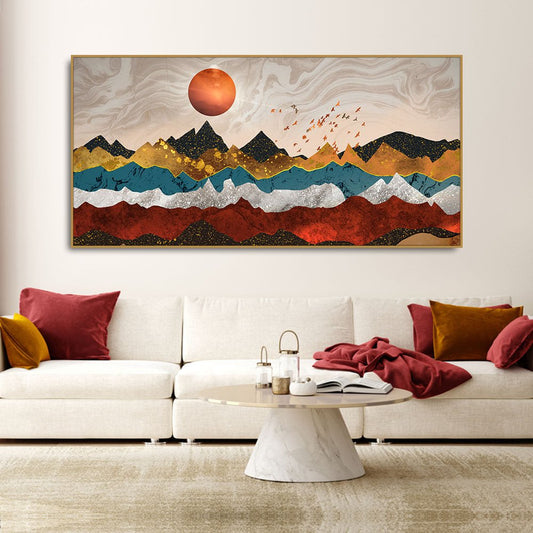 Golden Birds Flying Over Colorful Mountains Canvas Wall Painting - Decor Smart