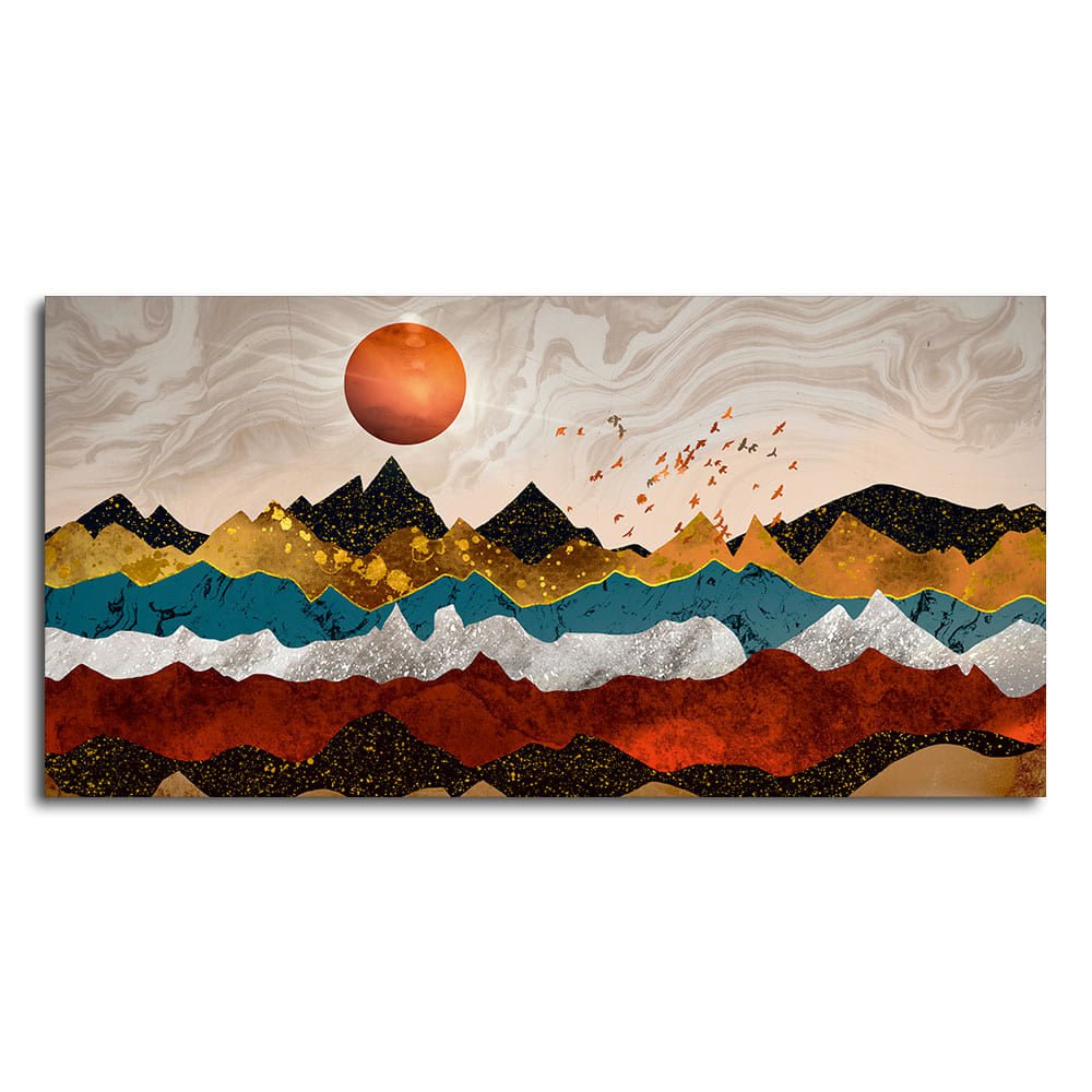 Golden Birds Flying Over Colorful Mountains Canvas Wall Painting - Decor Smart