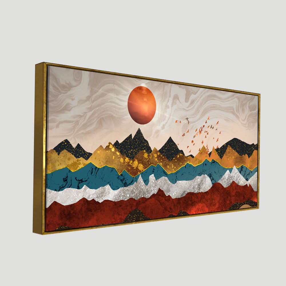 Golden Birds Flying Over Colorful Mountains Canvas Wall Painting - Decor Smart