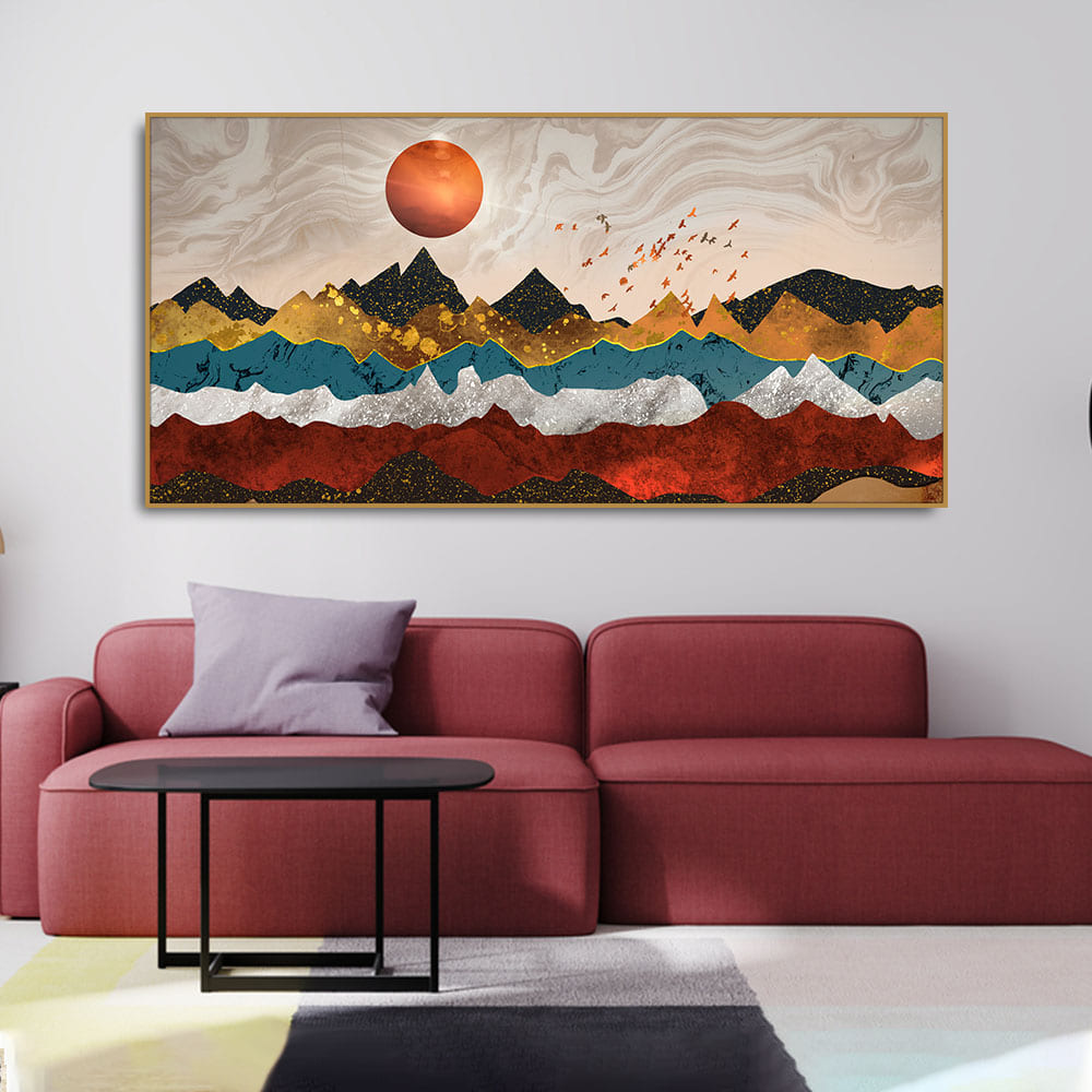 Golden Birds Flying Over Colorful Mountains Canvas Wall Painting