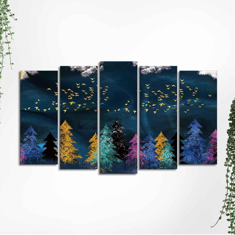 Golden Birds Flying over The Dark Forest Wall Painting of Five Pieces - Decor Smart