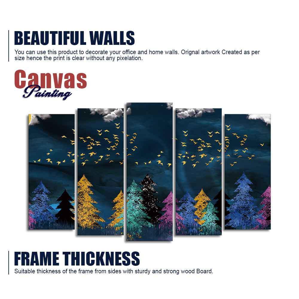 Golden Birds Flying over The Dark Forest Wall Painting of Five Pieces - Decor Smart